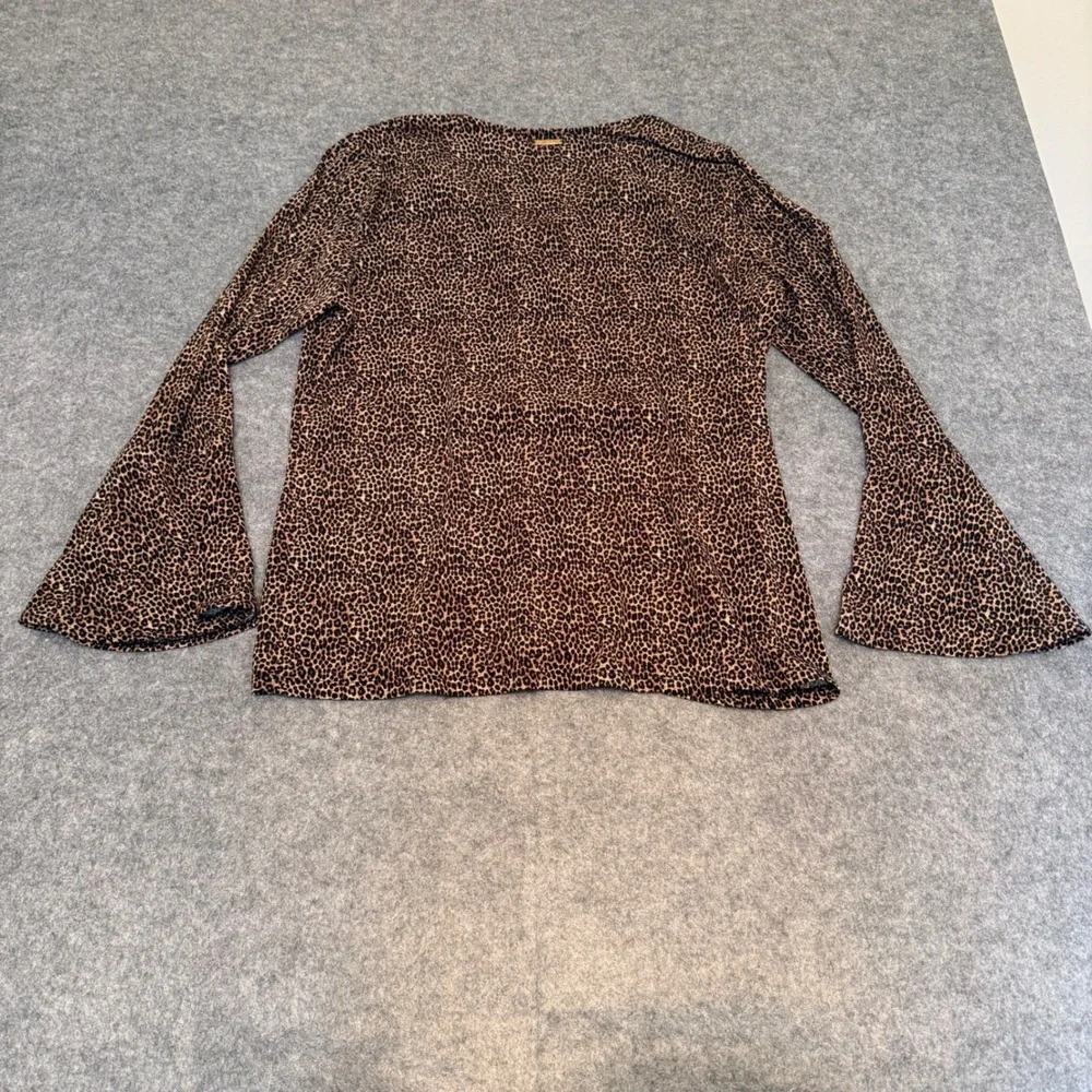 Michael Kors Leopard Print Top Womens XL Brown Bell Sleeve Lace Up Neck